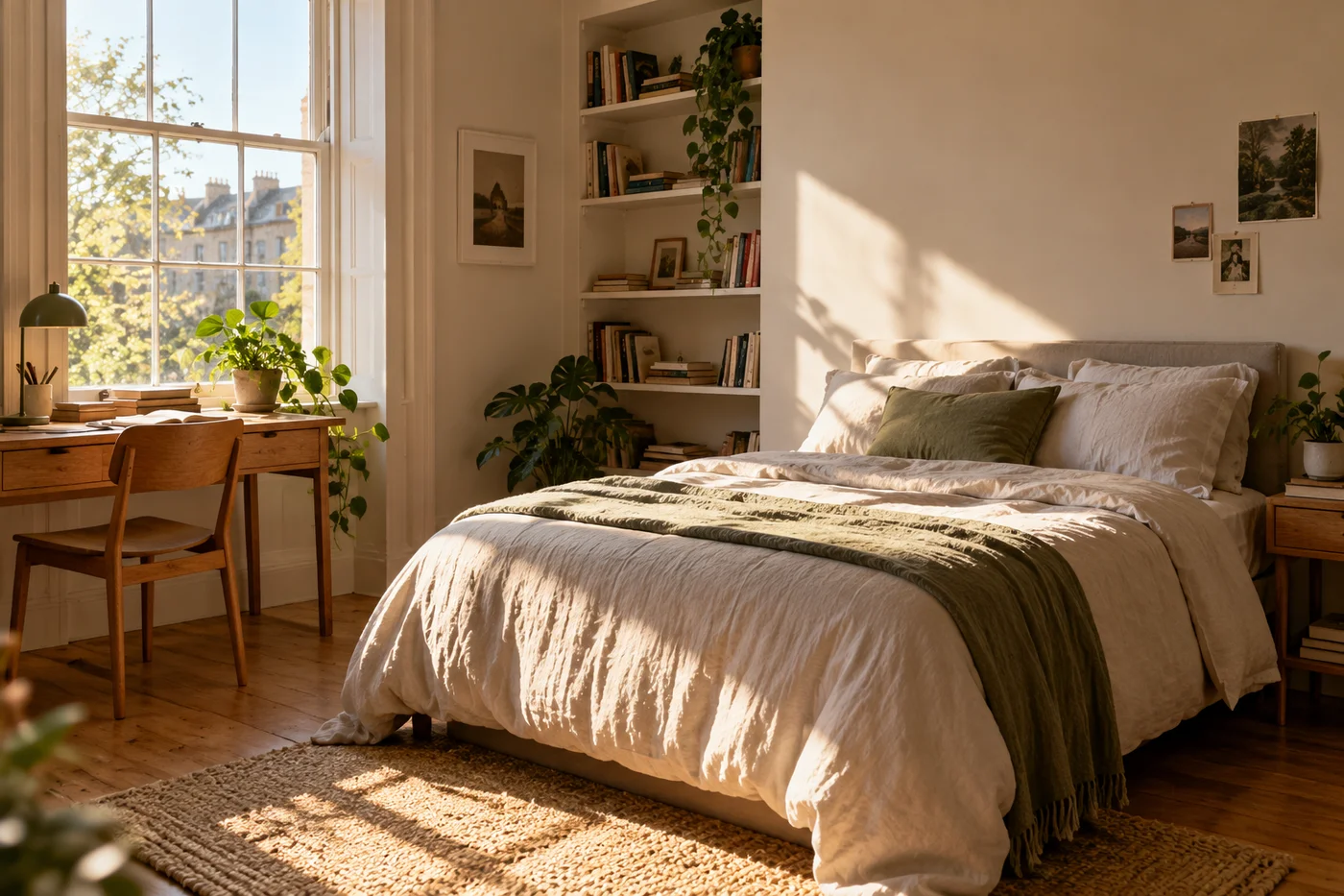 Afternoon sunlight falling through a tall window across a linen bed, oak desk and warm plaster walls